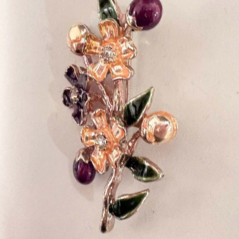 Vintage signed Floral Enamel Brooch with Purple and Green Accents